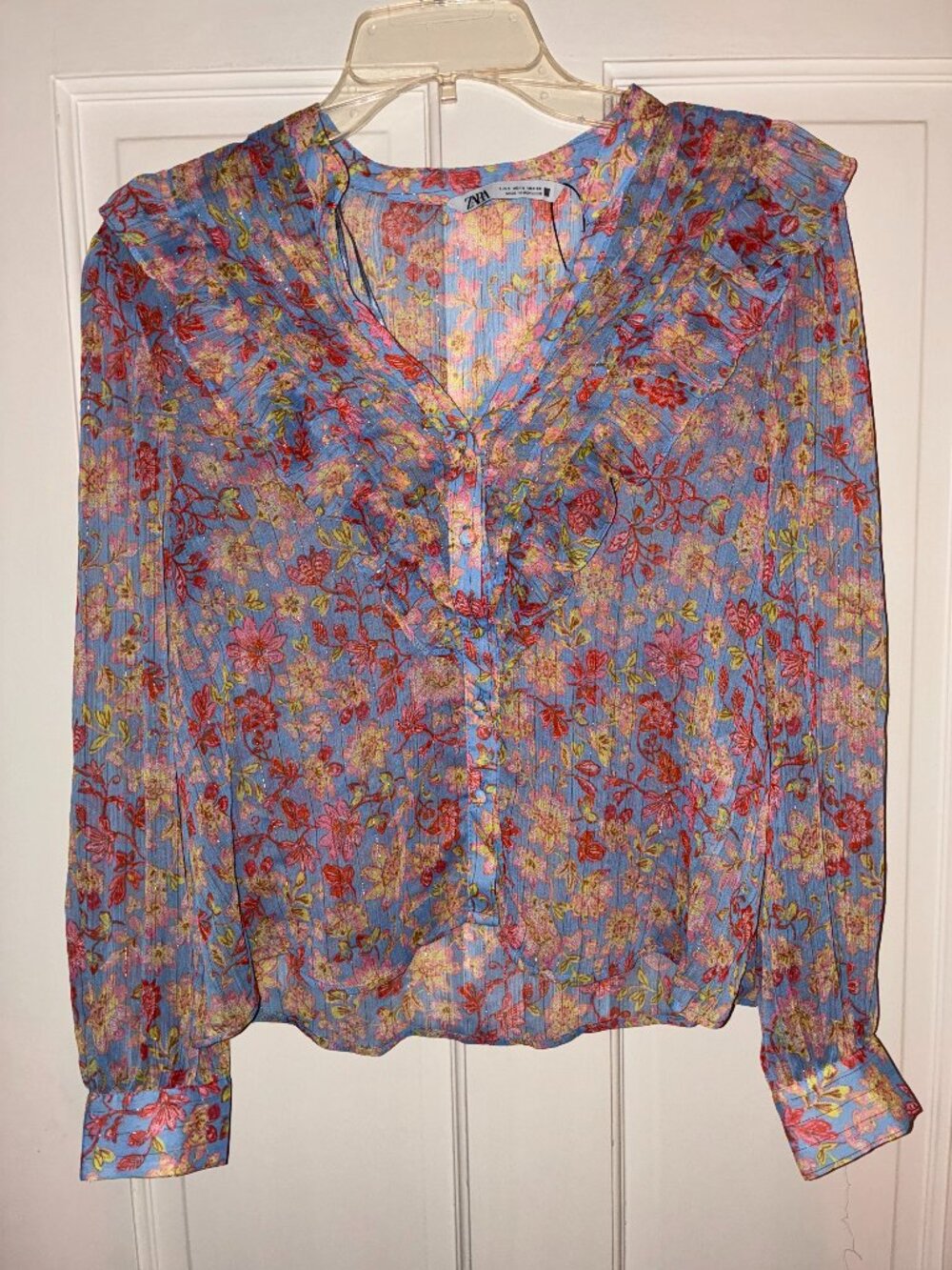 ZARA Women's Floral Metallic Thread Chiffon Blouse Blue Pink Size S Ruffle